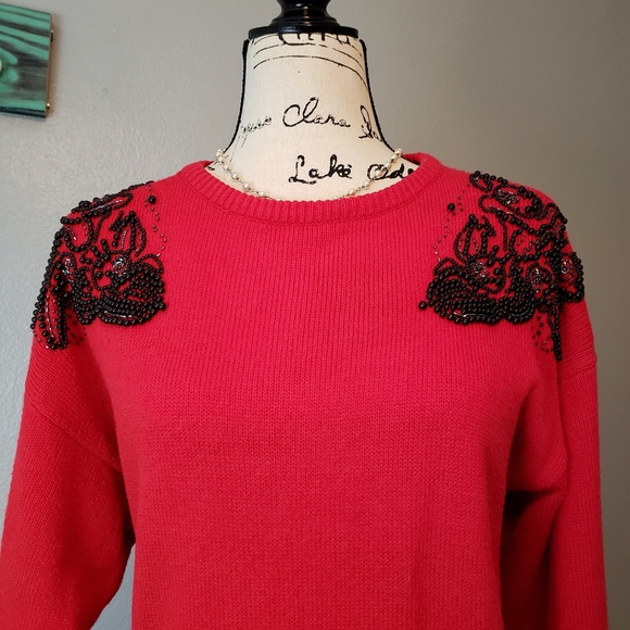 Vintage Beaded Red Sweater Dress sz M - Picture 3 of 8